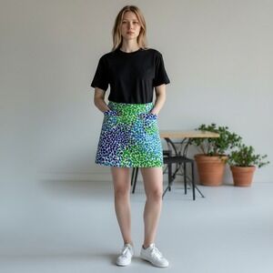 Melly M Womens Green Blue Leaf Print Mini Skirt Gold Button Size 2 Made in USA